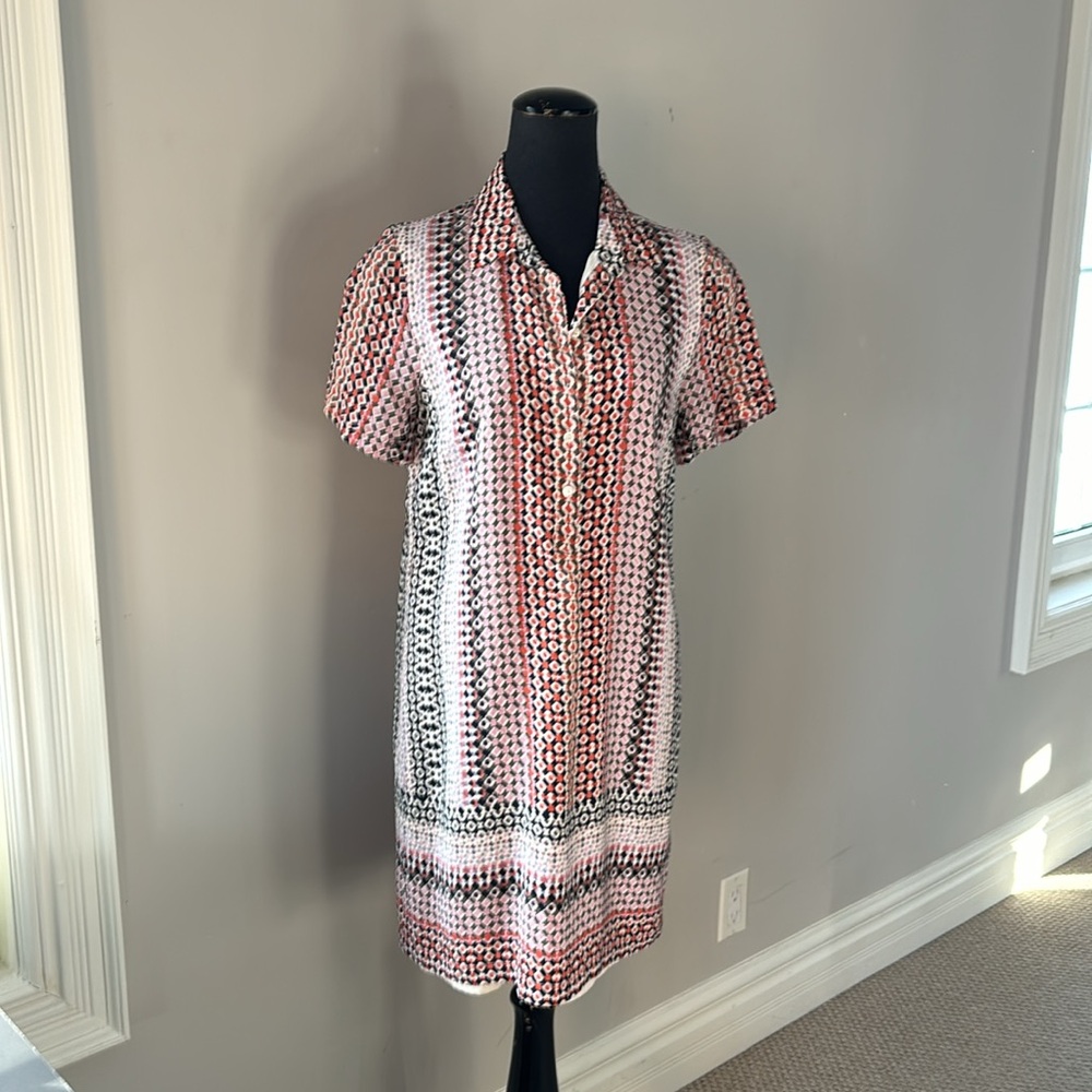 J CREW MULTI COLOUR 100% SILK GEOMETRIC PRINT SHORT SLEEVE DRESS